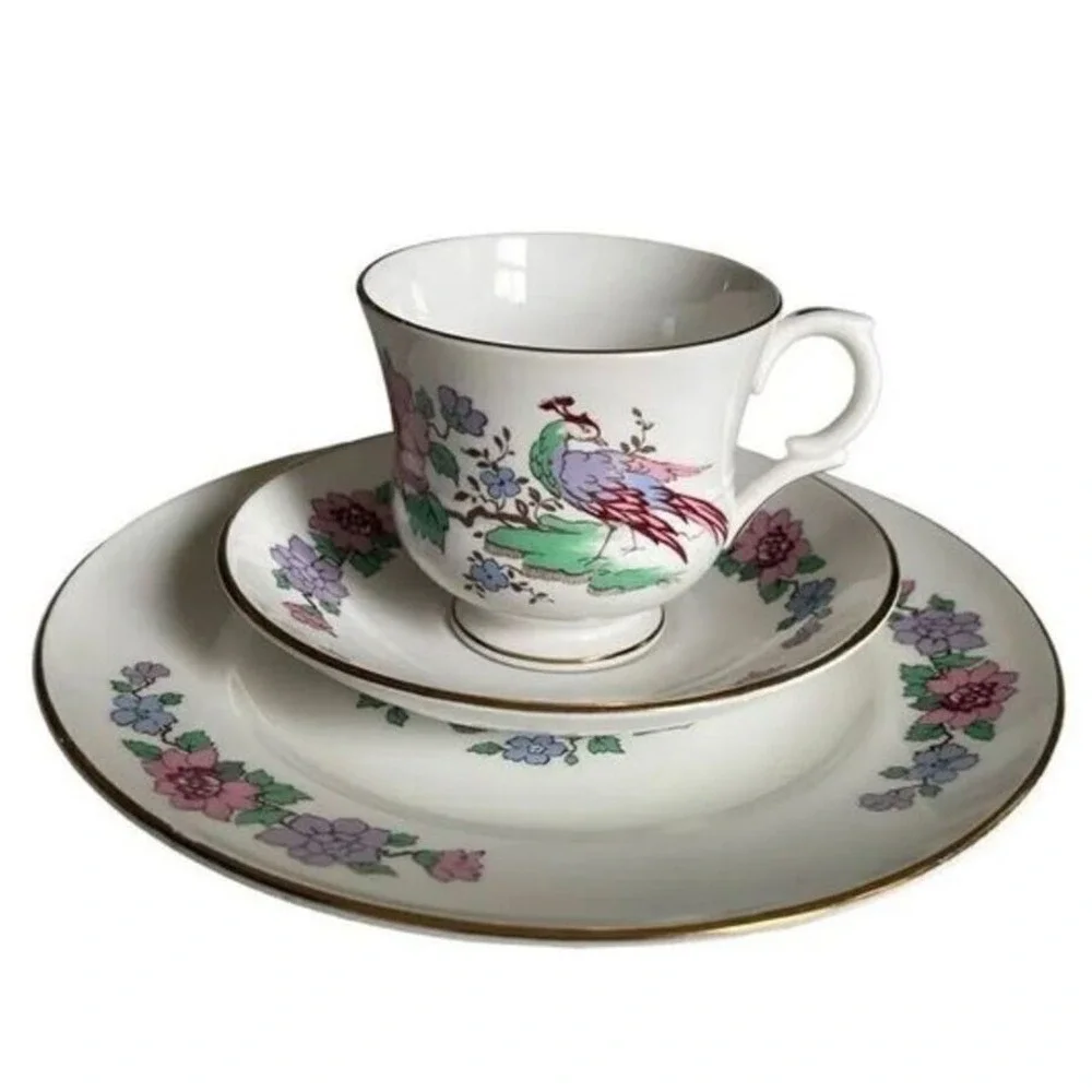 Staffordshire Cathay Fine Bone China Tea Cup Saucer Plate‎ Trio Peacock Vintage